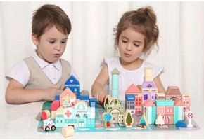 Educatieve houten stadsblokken - 55x42cm - 115 elementen - Ecologische verf - Kleurrijk