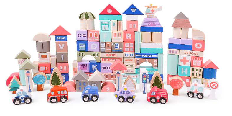 Educatieve houten stadsblokken - 55x42cm - 115 elementen - Ecologische verf - Kleurrijk