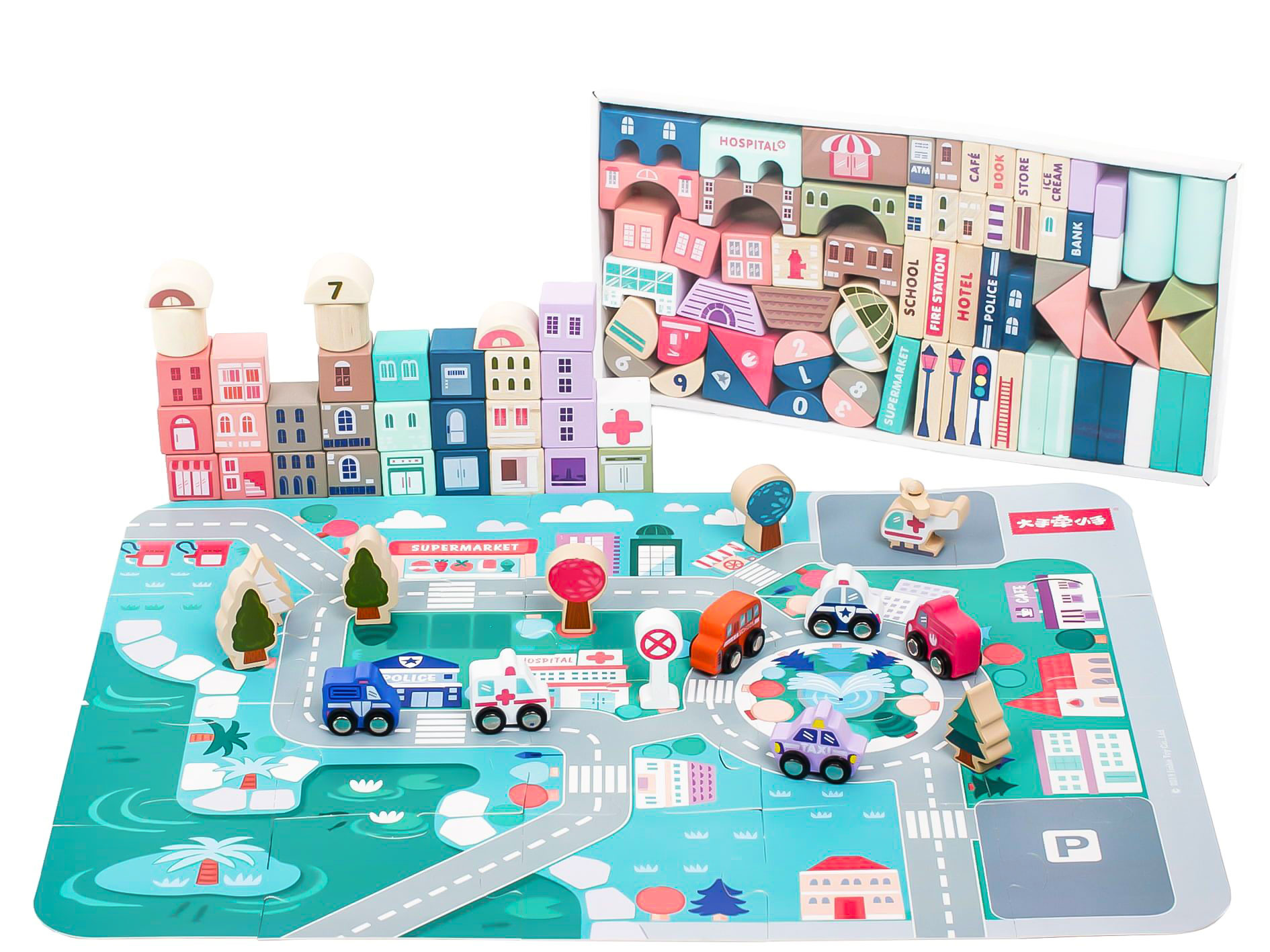 Educatieve houten stadsblokken - 55x42cm - 115 elementen - Ecologische verf - Kleurrijk