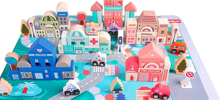 Educatieve houten stadsblokken - 55x42cm - 115 elementen - Ecologische verf - Kleurrijk
