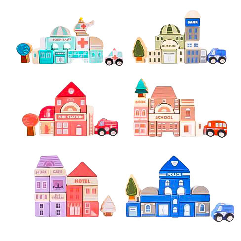 Educatieve houten stadsblokken - 55x42cm - 115 elementen - Ecologische verf - Kleurrijk