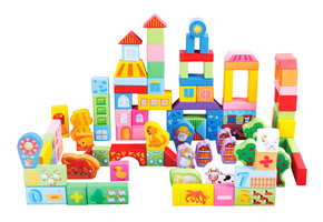 Houten blokken boerderij - 100 stuks - kleurrijk