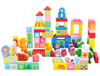 Houten blokken boerderij - 100 stuks - kleurrijk