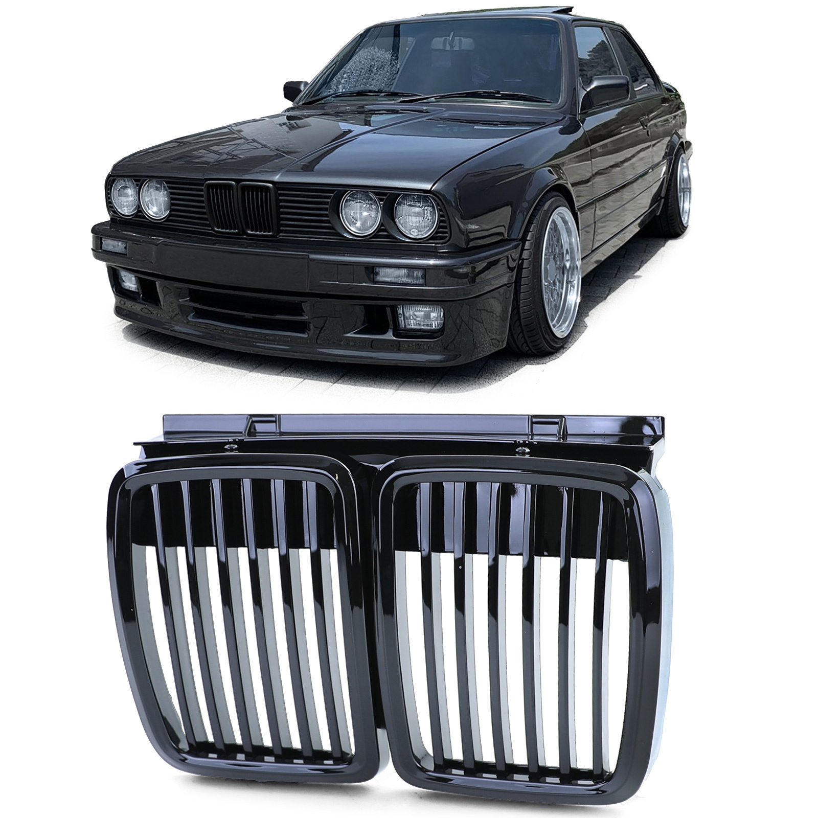 Grill Nieren geschikt voor BMW 3-serie E30 82-94 - Sport rooster - Zwart Glans