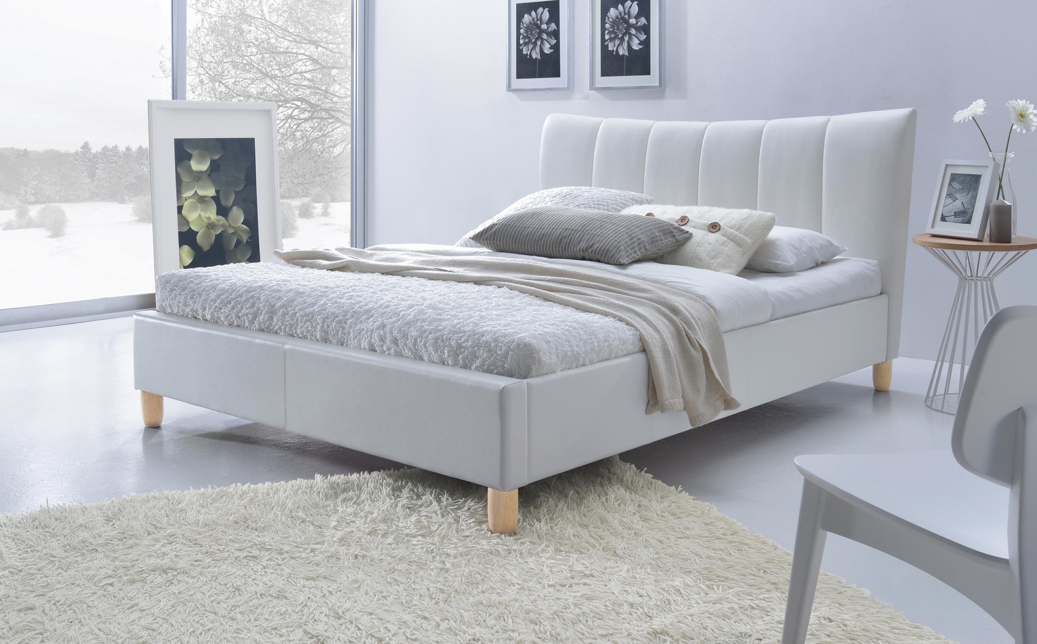 SANDY - tweepersoonsbed - massief hout - eco leer - wit