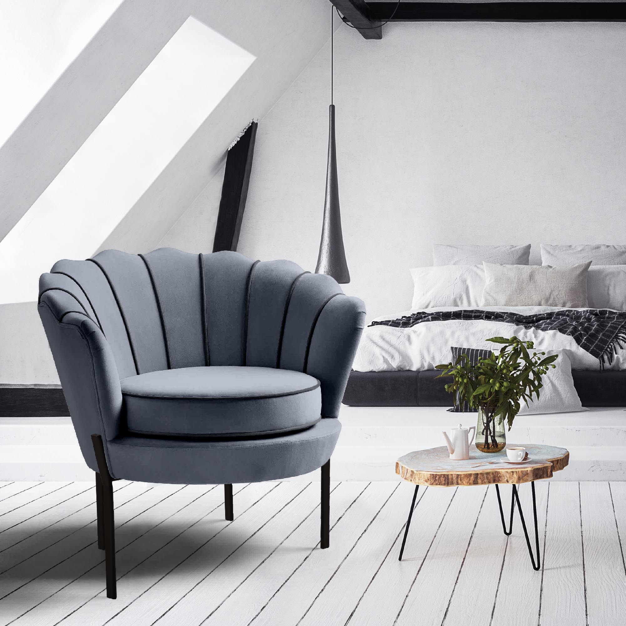 ANGELO - schelpstoel - fluwelen stof - 73x75x74 cm - grijs