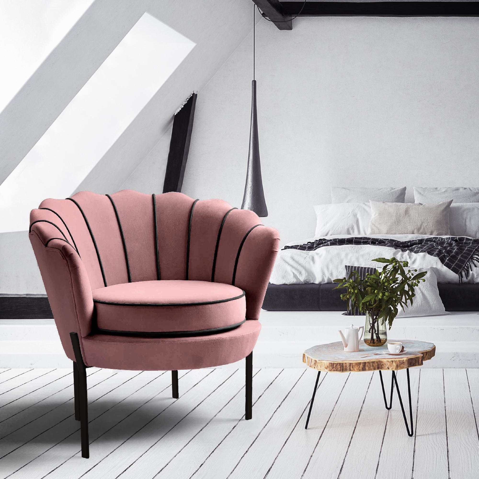 ANGELO - schelpstoel - fluwelen stof - 73x75x74 cm - roze