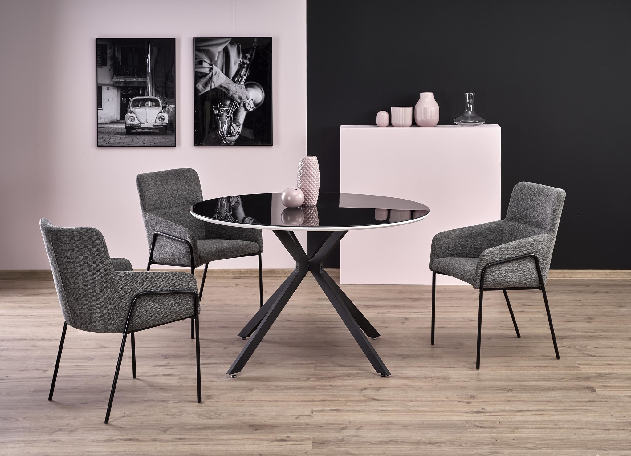 AVELAR - eettafel - glas - rond - 120x76 cm - zwart wit