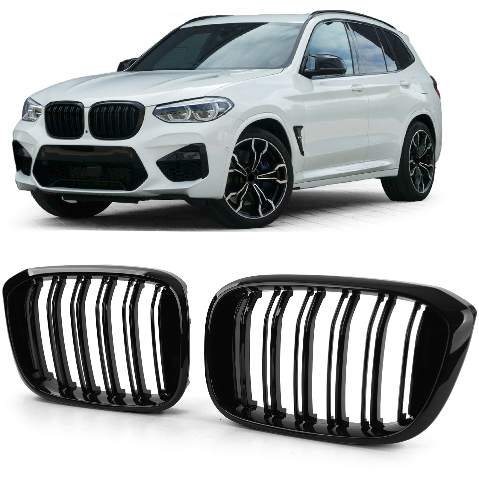 Radiateurgrill geschikt voor BMW X3 G01 X4 G02 - Dubbele stang - Zwart glans
