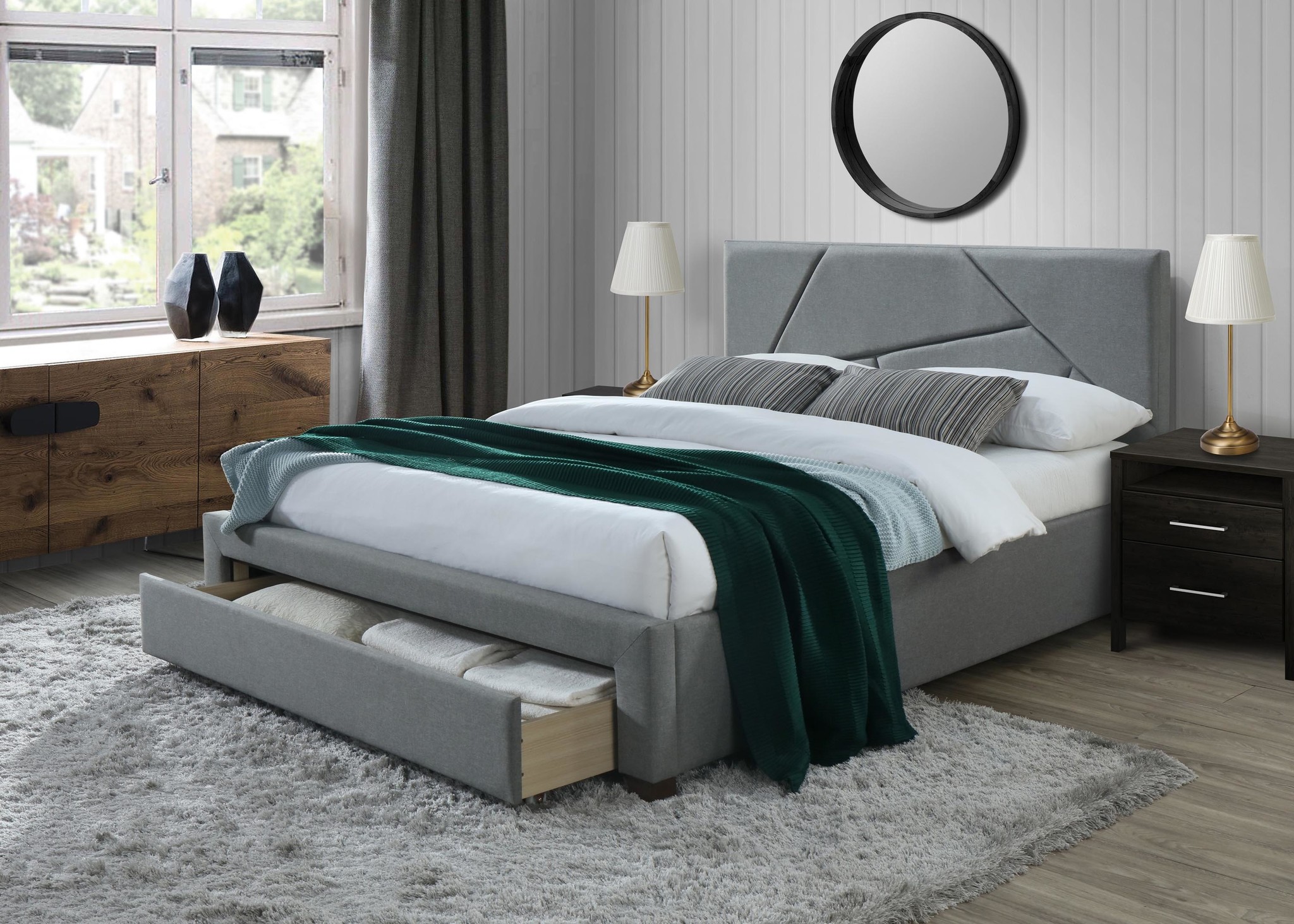VALERY - tweepersoonsbed - met laden - stof - grijs