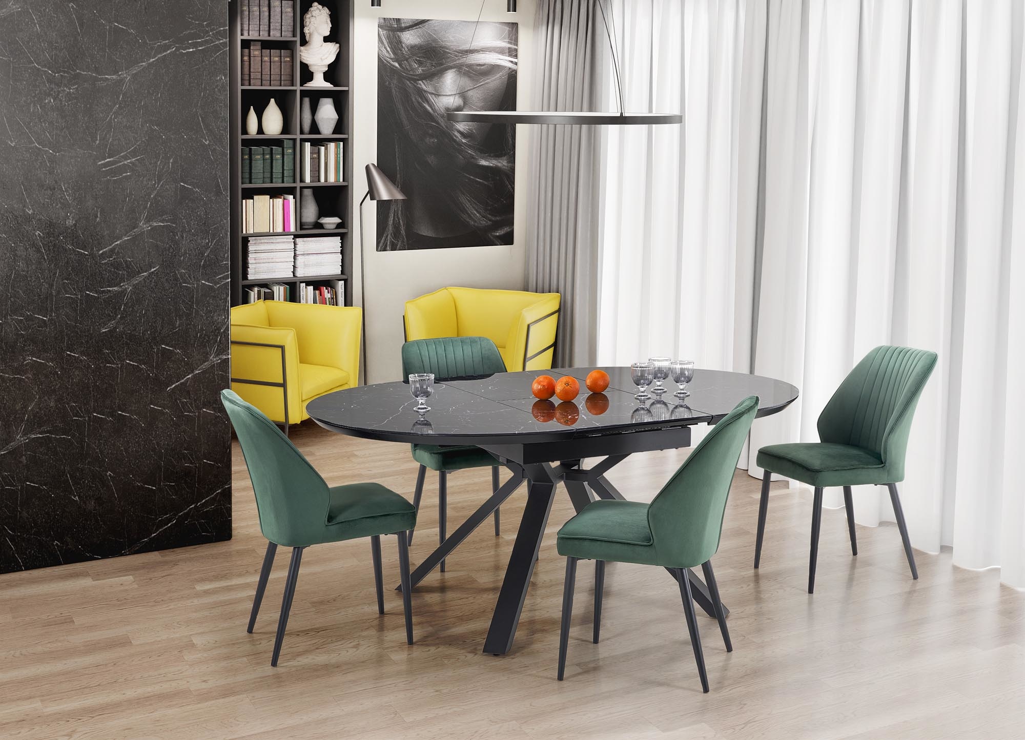 VERTIGO - eettafel - uitschuifbaar - gelakt MDF - zwart marmer