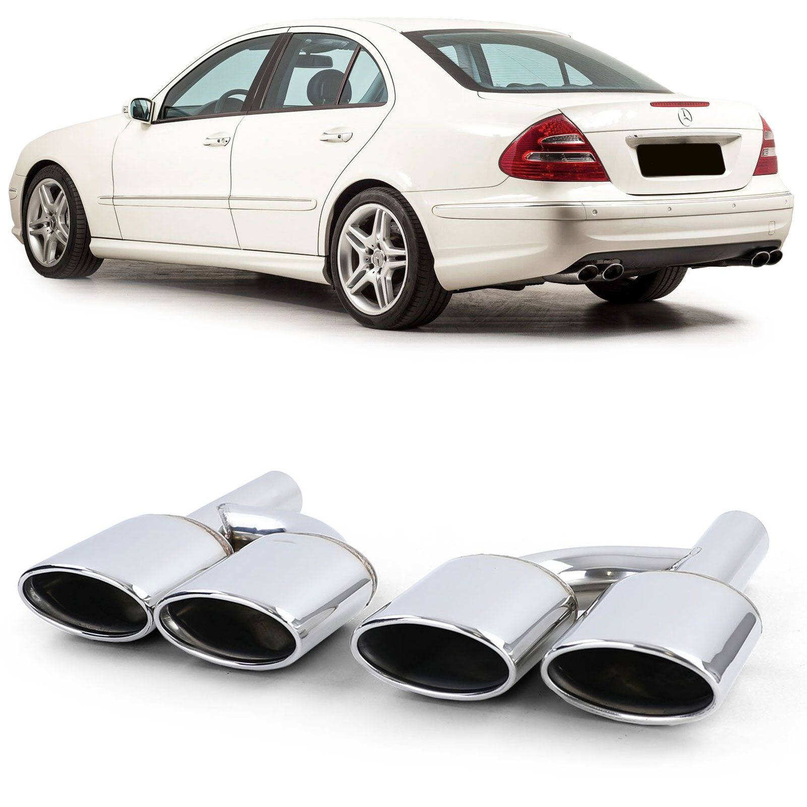 Uitlaat eindpijp - Mercedes W204 W211 W164 W166 W221 R230 - 4-pijps duplex - RVS met verchroomde randen - 52mm