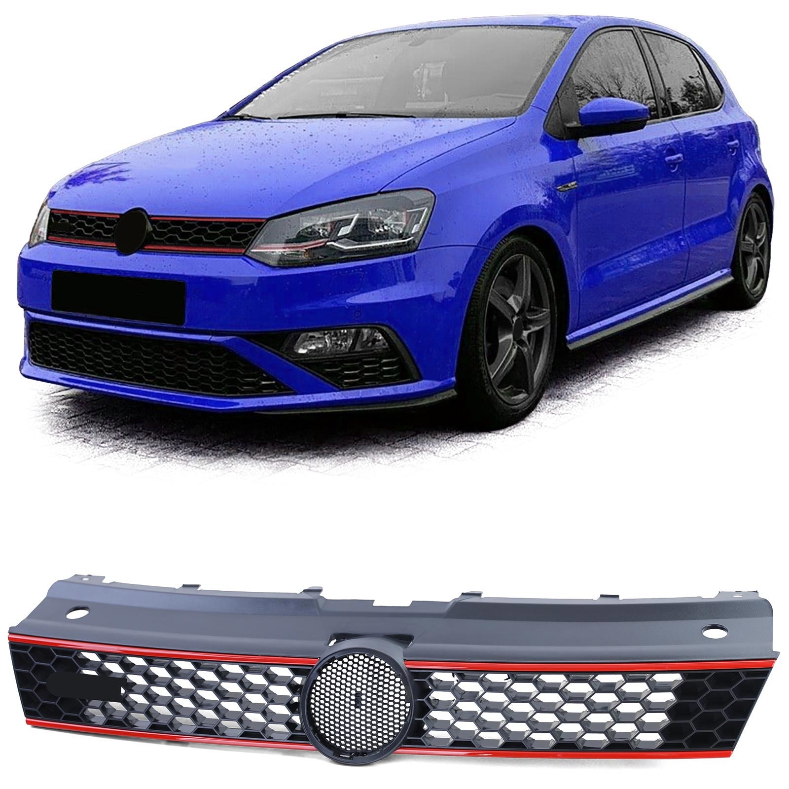 Autogrille geschikt voor VW Polo 6R 6C 09-17 - Zwart Glanzend - Rode Sierstrepen GTI