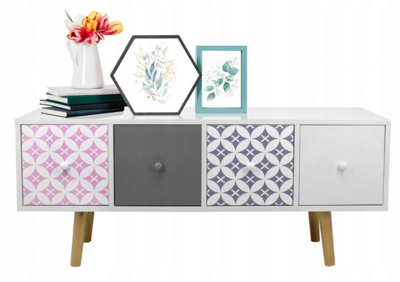 Ladekast - 4 lades - <br />
 110,5x30x34,5 cm - grijs, roze, wit