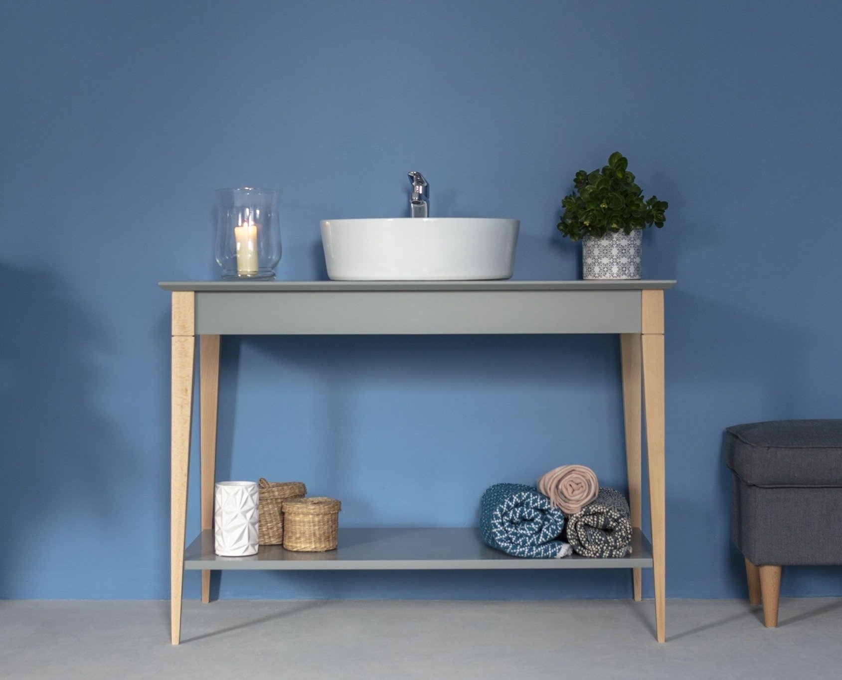 Grote open wastafel Mimo - 105cm breedte, 74cm hoogte, in muntkleur van beukenhout en gelakt MDF - FSC gecertificeerd