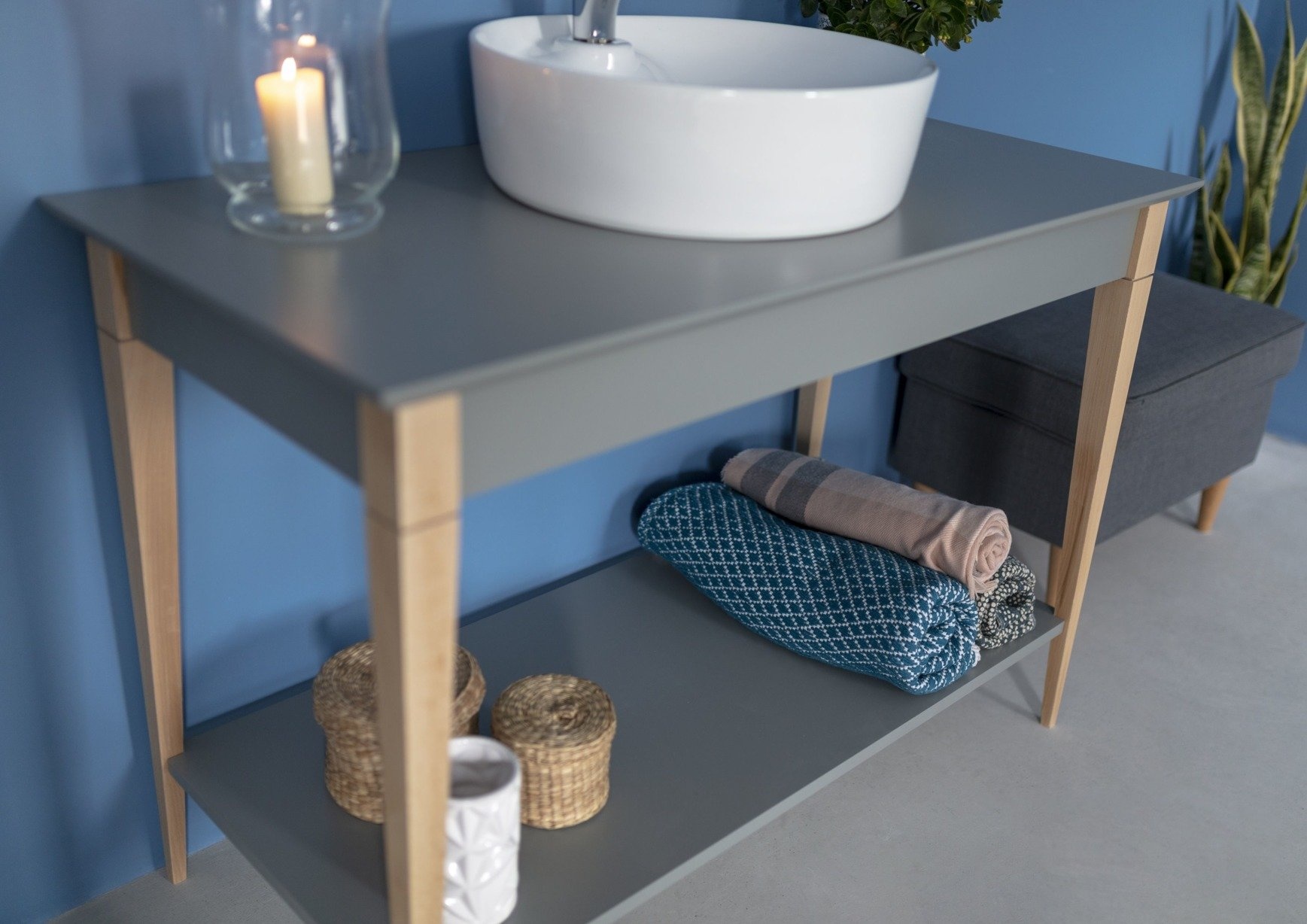Grote open wastafel Mimo - 105cm breedte, 74cm hoogte, in muntkleur van beukenhout en gelakt MDF - FSC gecertificeerd