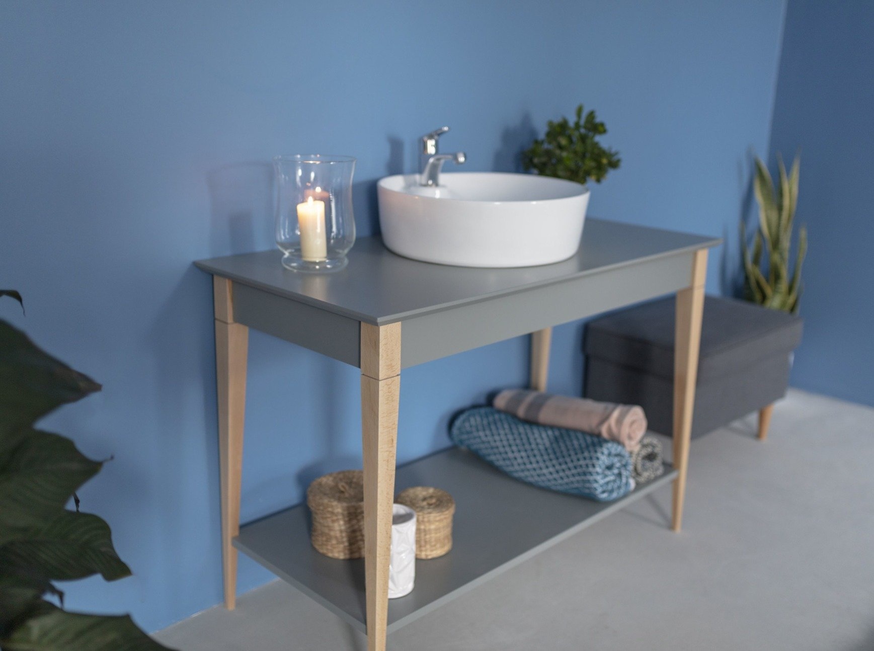 Grote open wastafel Mimo - 105cm breedte, 74cm hoogte, in muntkleur van beukenhout en gelakt MDF - FSC gecertificeerd
