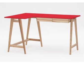 Essenhouten Luka hoekbureau met rood MDF blad - 2 lades - FSC gecertificeerd