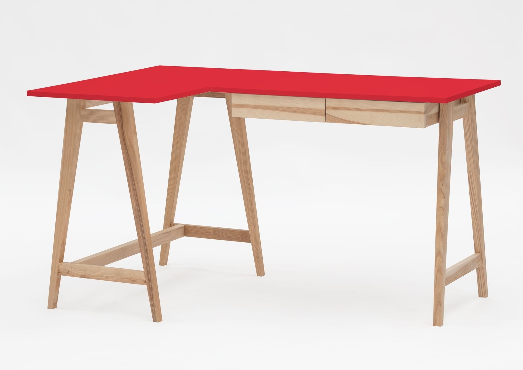 Essenhouten Luka hoekbureau met rood MDF blad - 2 lades - FSC gecertificeerd