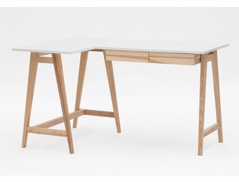 Hoekbureau Luka: essenhout poten, wit gelamineerd MDF & 2 lades