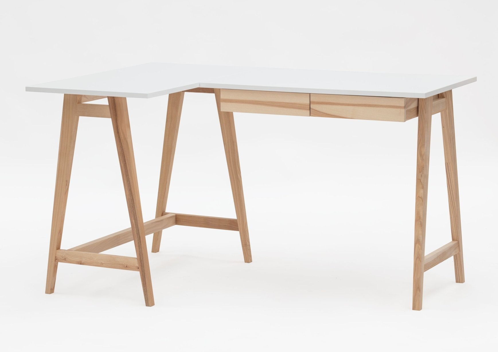 Hoekbureau Luka: essenhout poten, wit gelamineerd MDF & 2 lades