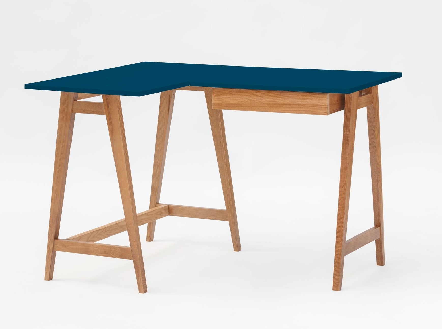 Essenhouten Luka hoekbureau - Petrolblauw - Links - Eiken poten - FSC gecertificeerd