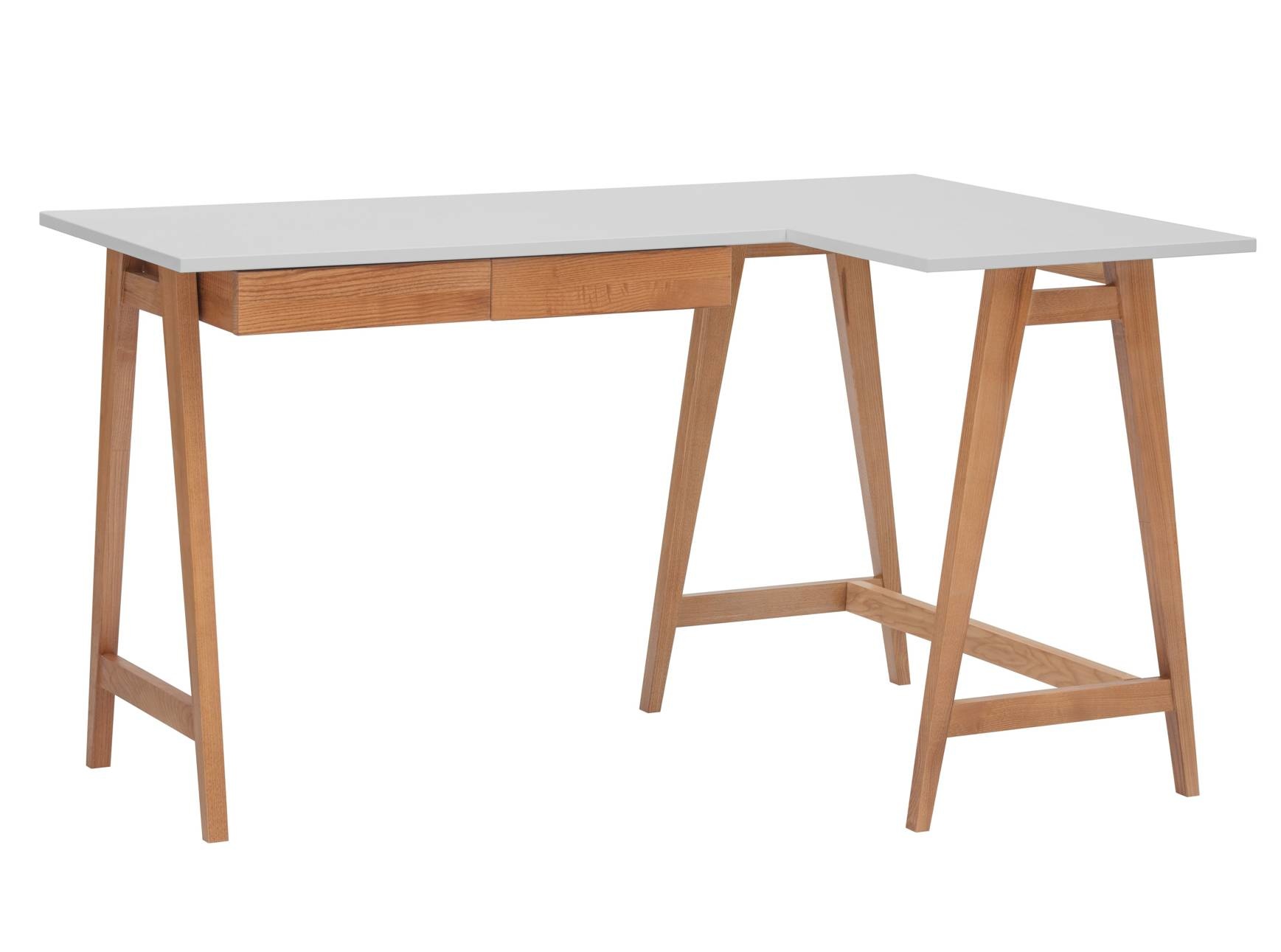 Hoekbureau Luka - Lichtgrijs - Rechts - Eiken poten - 135cm breed - met 2 lades. (60 karakters) Keywords: hoekbureau, Luka, lichtgrijs, eiken, poten, 135cm, breed, 2 lades.