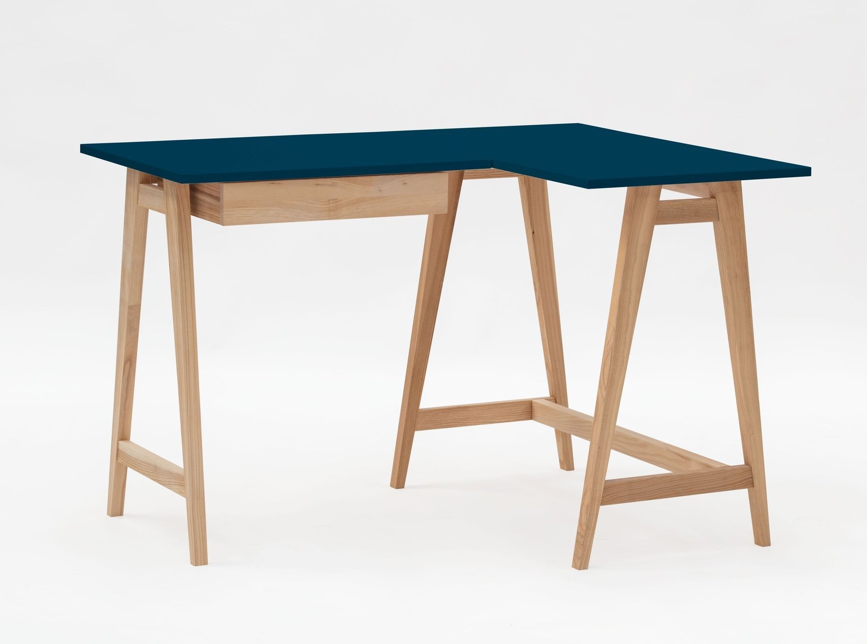 Hoekbureau Luka, Petrolblauw, Rechts, Essenhout poten, 1 lade