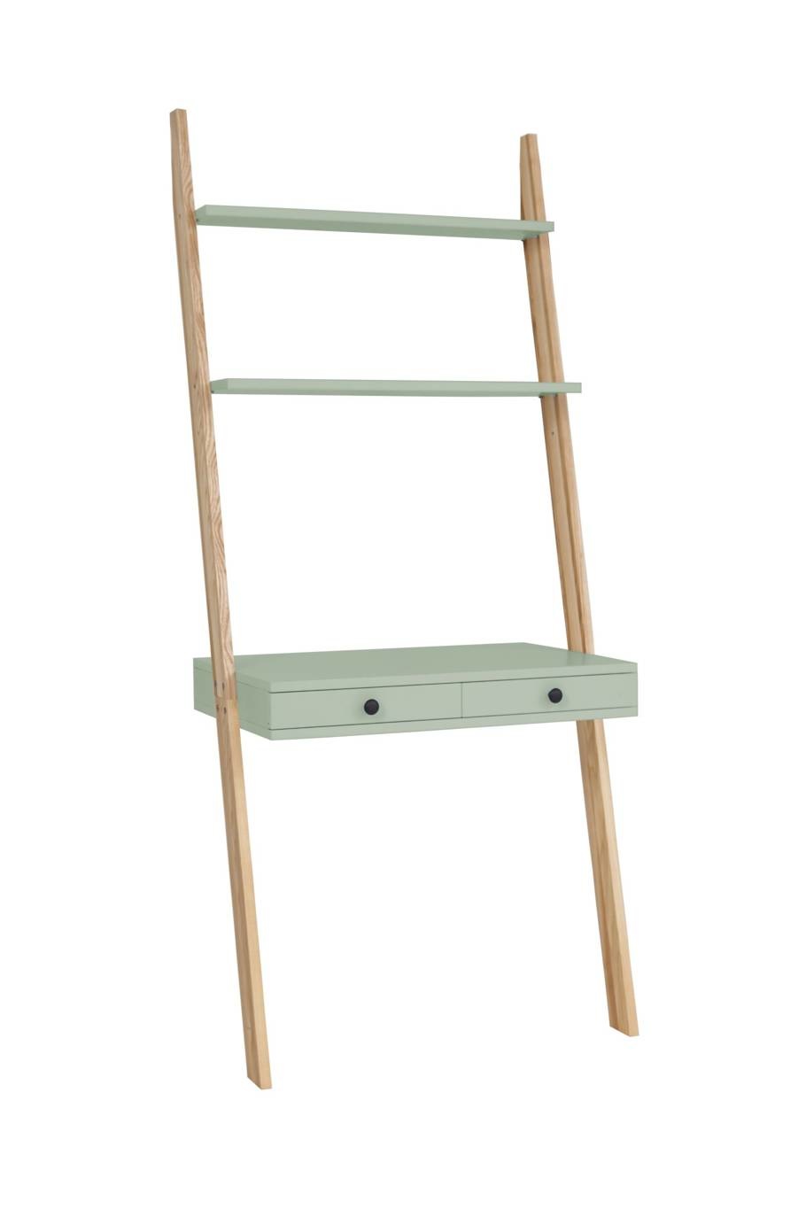 Leno ladderrek bureau in saliegroen - 79cm breed, FSC-gecertificeerd MDF en essenhout
