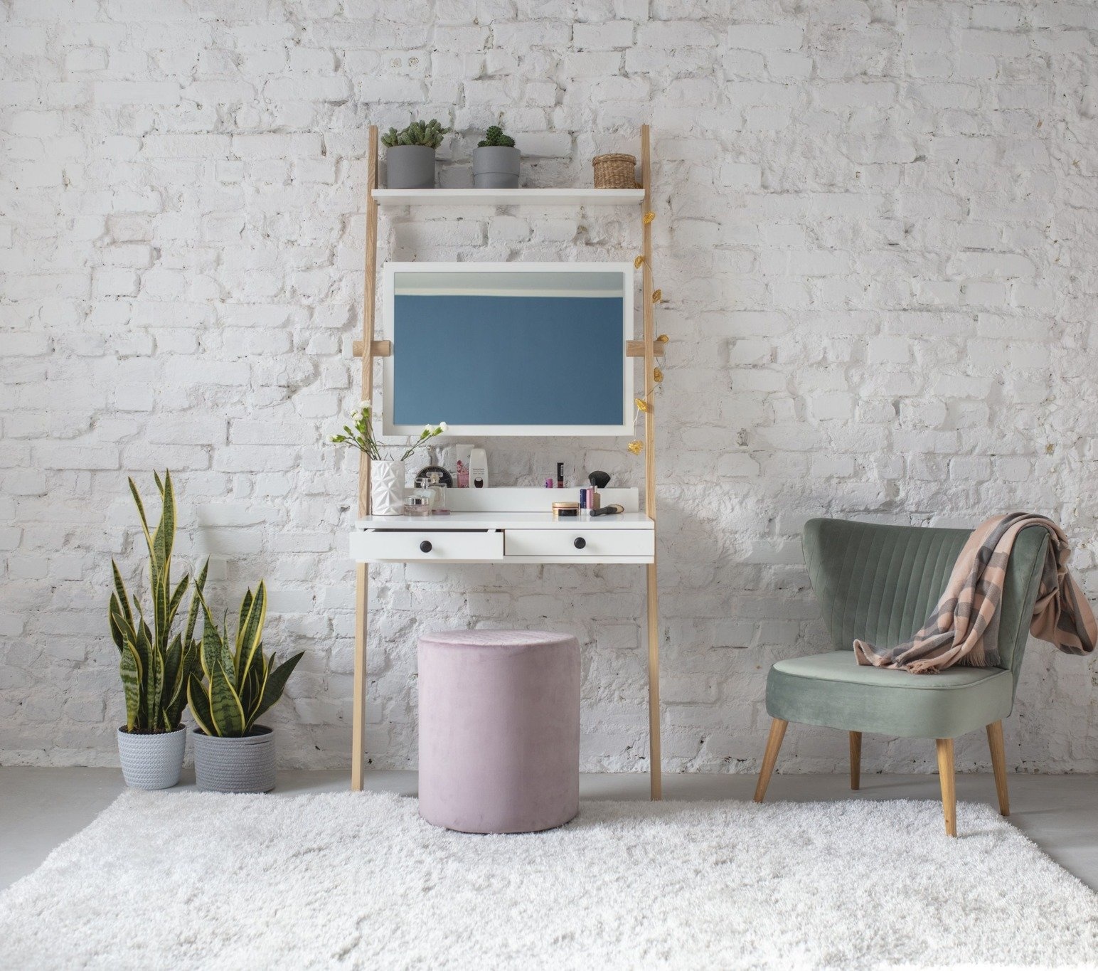 Leunende kaptafel Leno in levend koraal, 79x49x183cm, essenhout & gelamineerd MDF