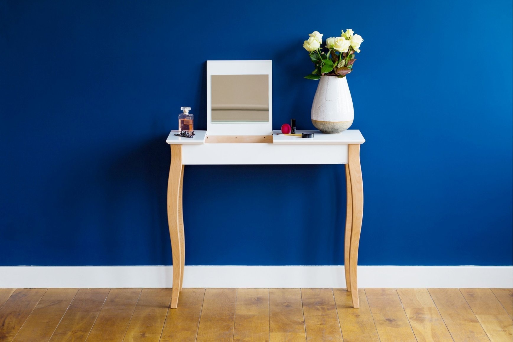 Lillo Kaptafel in Marineblauw | 85 x 35 x 74 cm | Beukenhout & MDF | Met Opberger & Spiegel