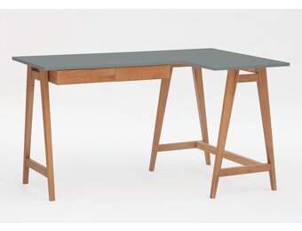 Luka donkergrijs hoekbureau met eiken poten - 135cm breed, met 2 lades