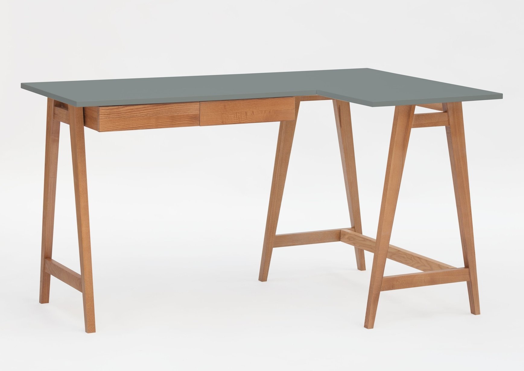 Luka donkergrijs hoekbureau met eiken poten - 135cm breed, met 2 lades