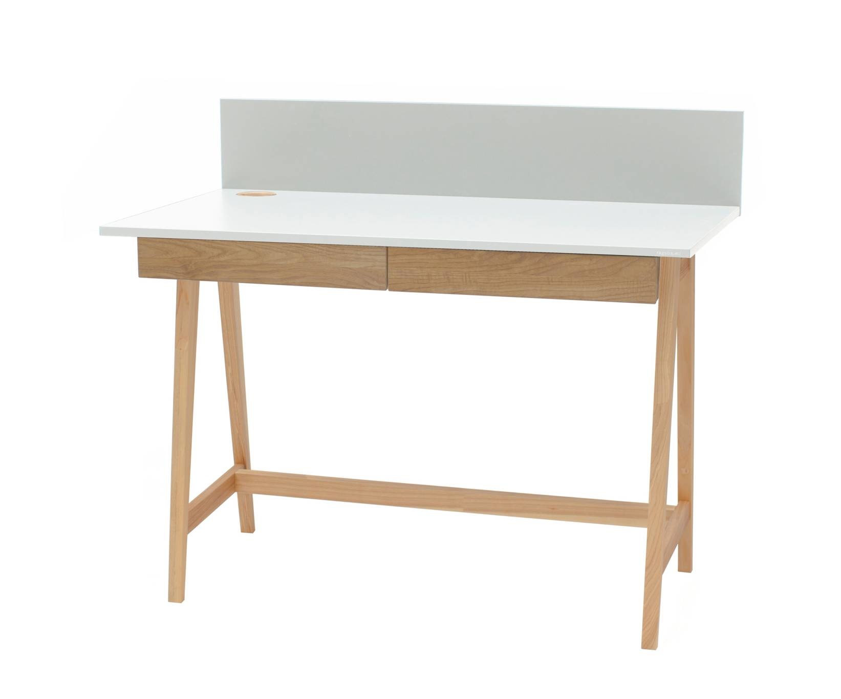 Luka Bureau in wit met houten poten, 110cm x 50cm x 75cm, met 2 lades - FSC gecertificeerd