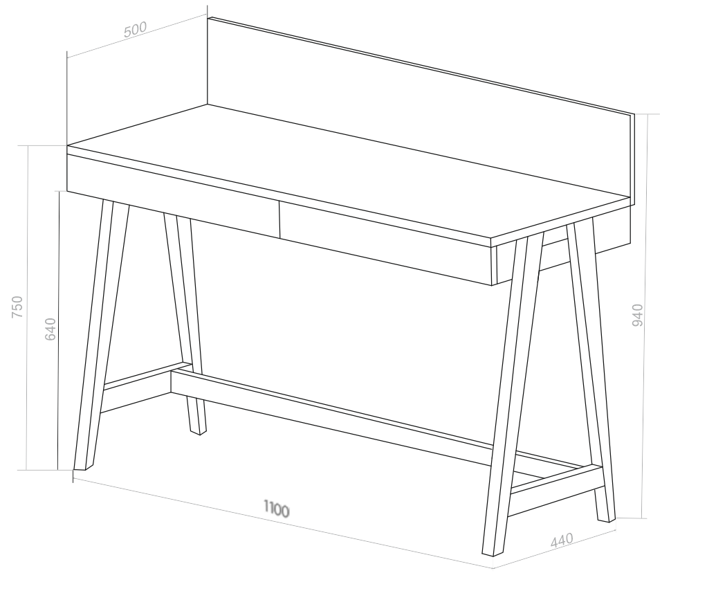 Luka Bureau in wit met houten poten, 110cm x 50cm x 75cm, met 2 lades - FSC gecertificeerd