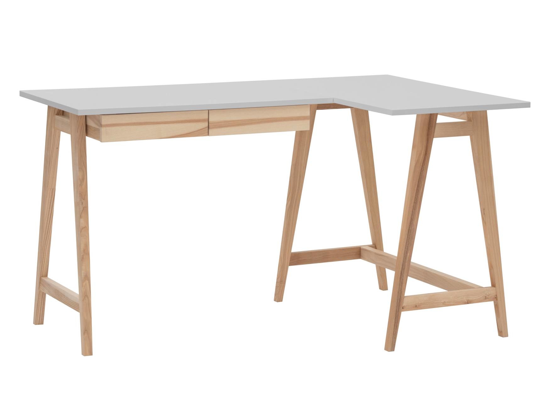 Luka hoekbureau - lichtgrijs, essenhouten poten, rechts. 2 lades, FSC gecertificeerd.