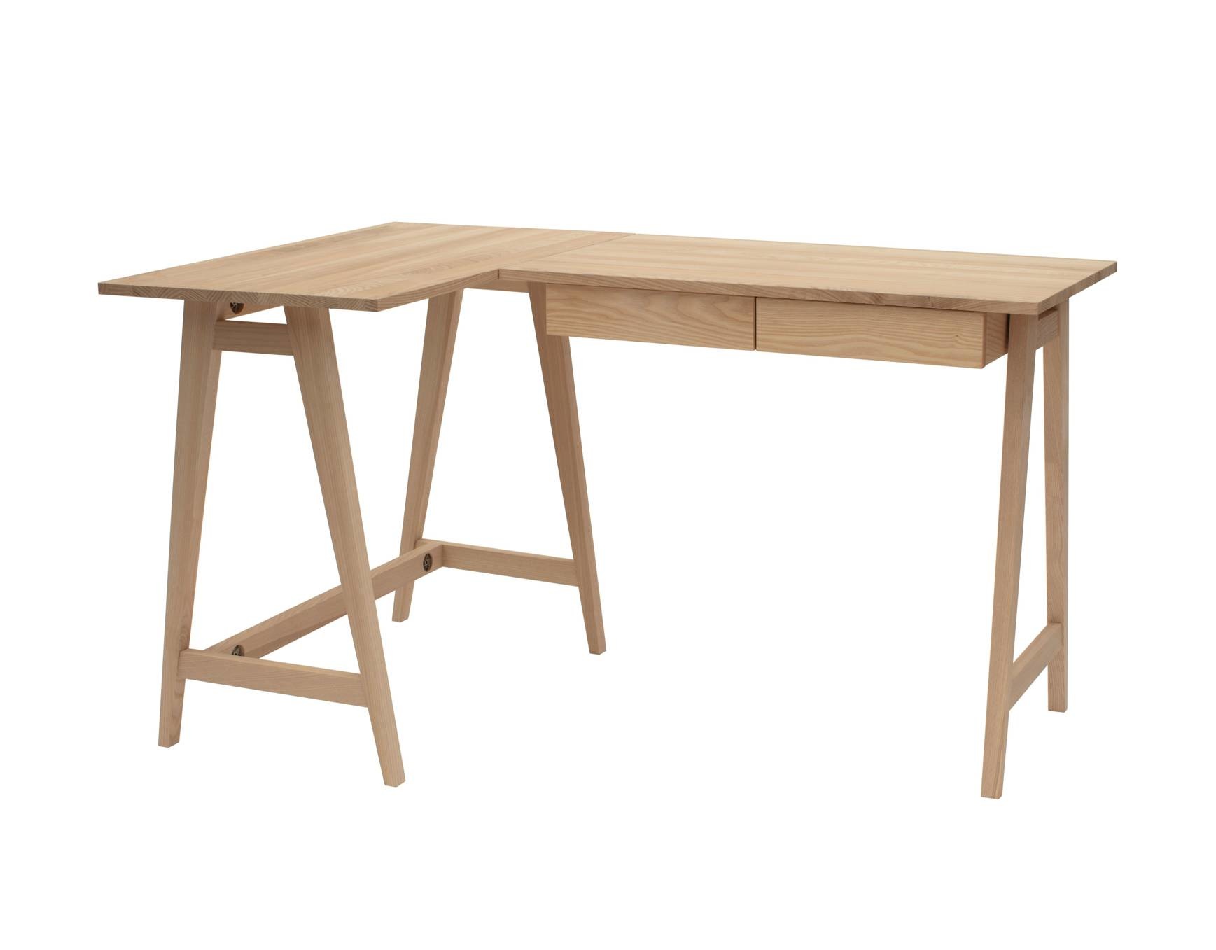 Luka L-vormig bureau - 135cm breed, essenhout poten, 2 lades - FSC100% gecertificeerd