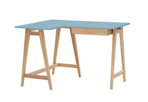 Luka hoekbureau, 115x85cm, zacht blauw, essenhout poten