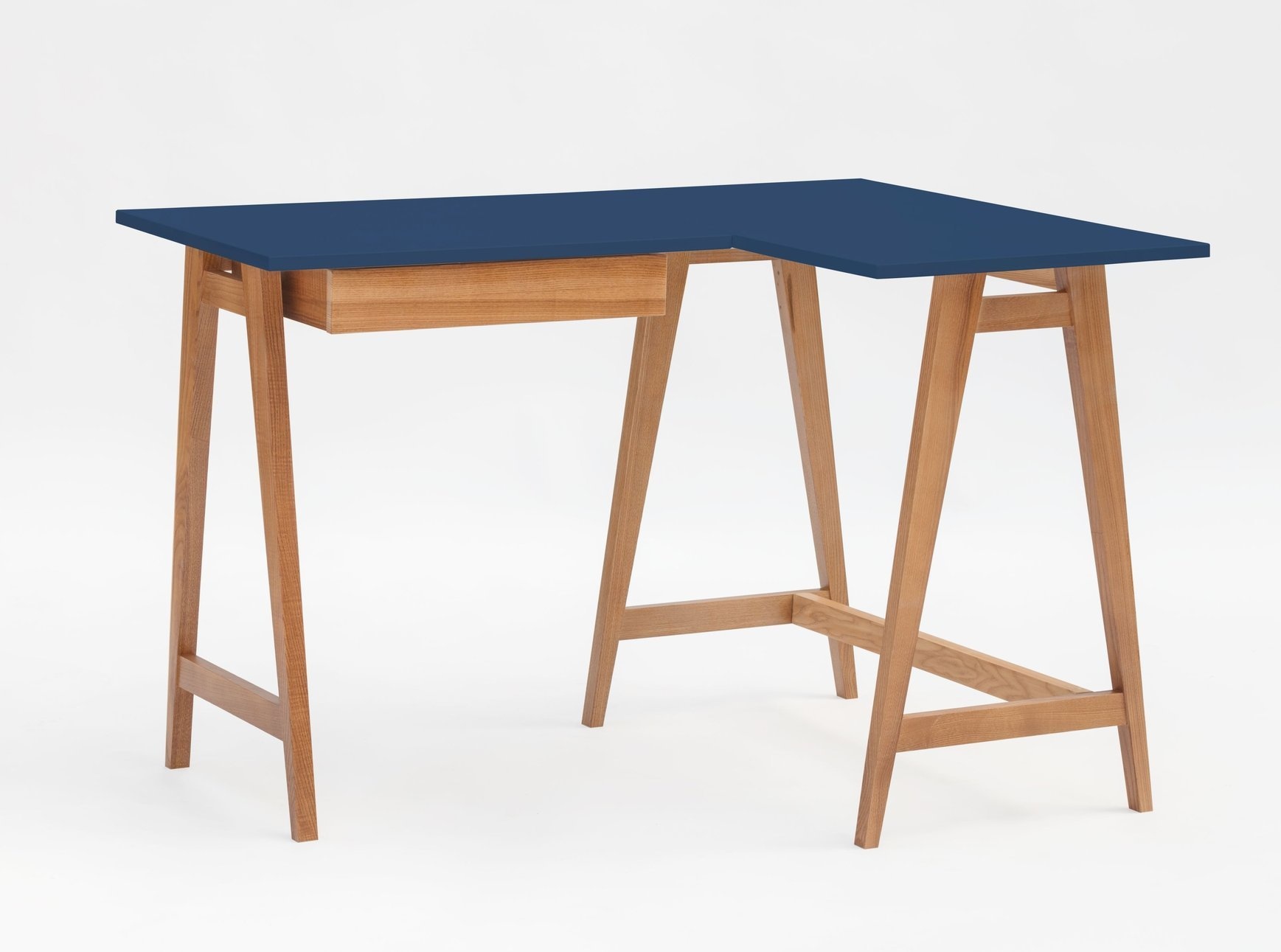 Luka hoekbureau in marineblauw met eiken poten en lade | 115x85x75cm | FSC gecertificeerd