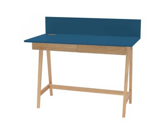 Luka Petrolblauw Bureau - 110cm breed, met essenhout poten & 2 lades