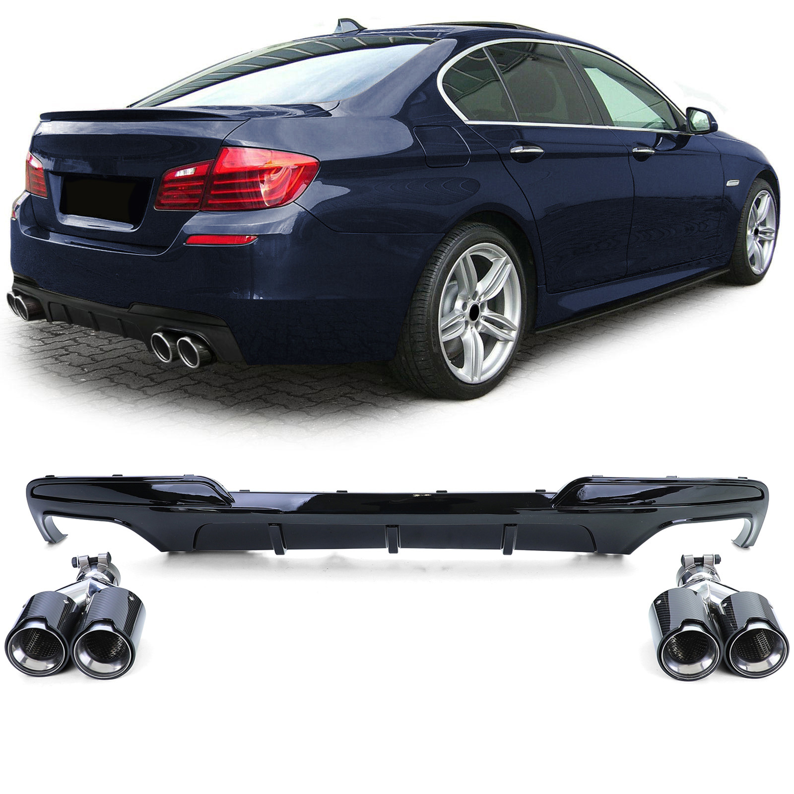 Achterdiffusor - BMW F10 F11 535i 535d - 4-pijps real carbon - Glans zwart