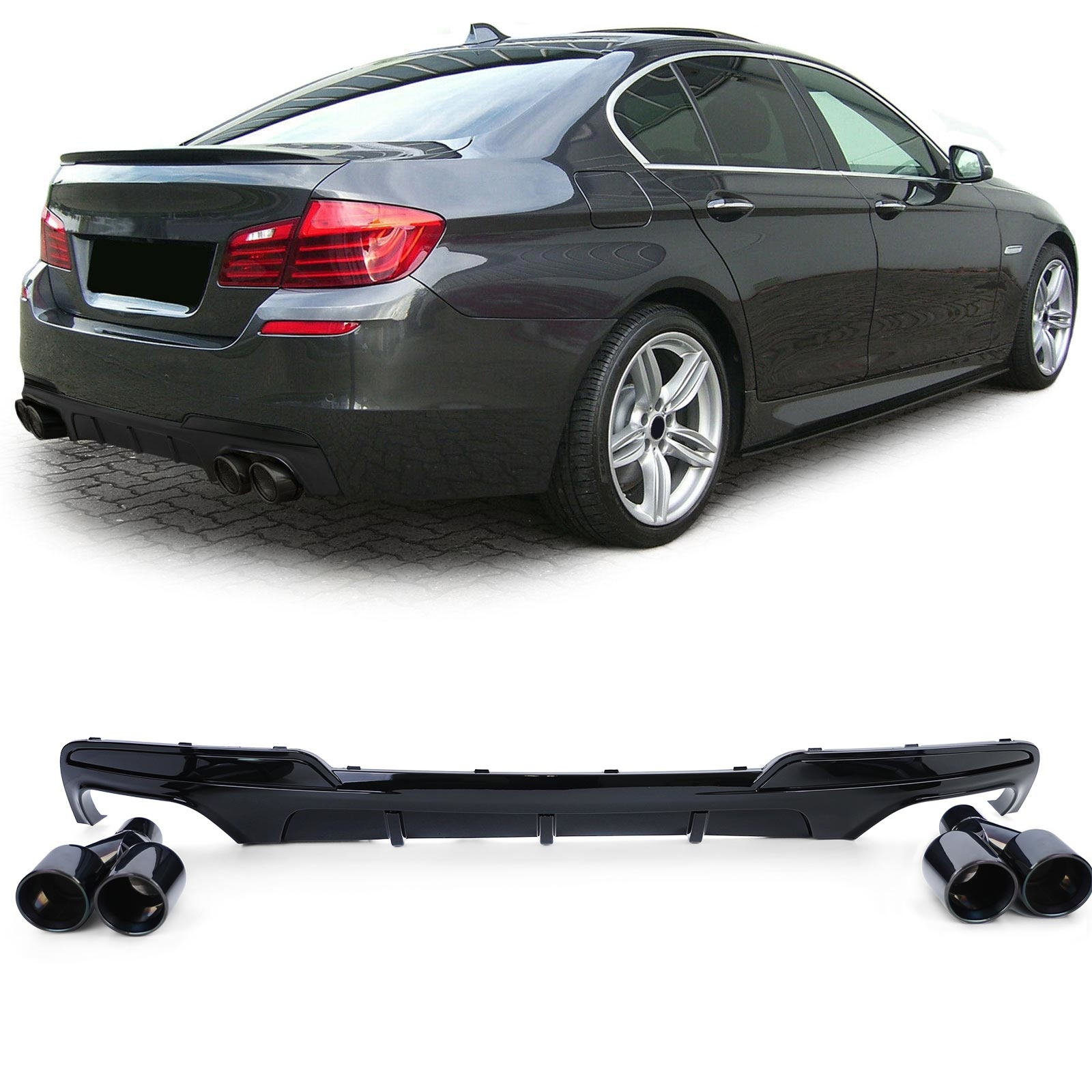 Achterdiffusor - BMW F10 F11 535 - Glanzend Zwart - 4-pijps Performance Look