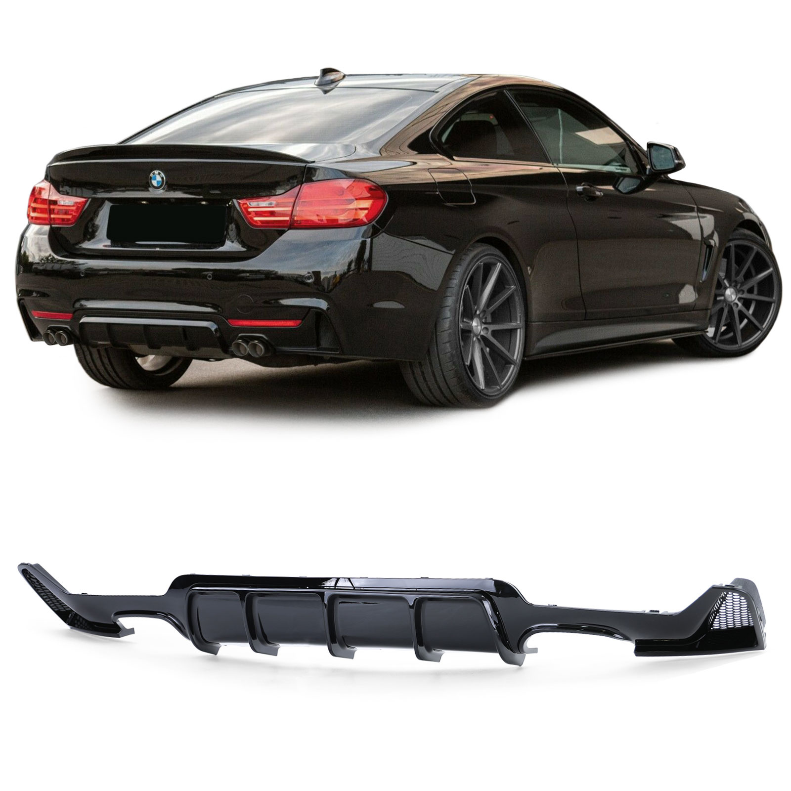 Achterdiffusor - BMW 4 Serie F32 F33 F36 - Glans Zwart - Dubbele Pijp - 100% Passend