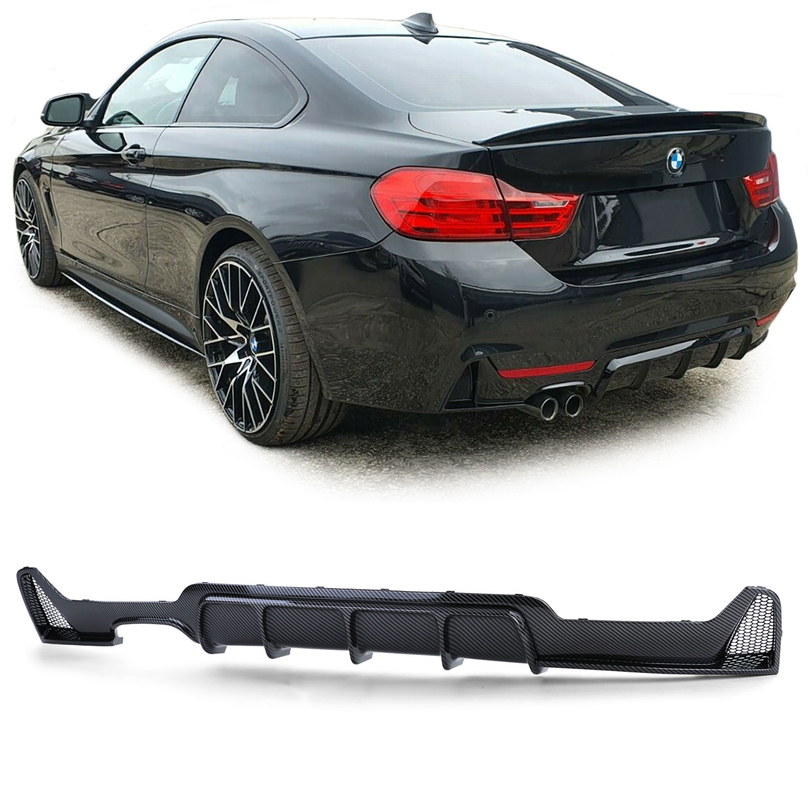 Achterdiffusor geschikt voor BMW F32 F33 F36 - Performance Carbon - Dubbele Uitlaat - Zwart - 121x43x13cm