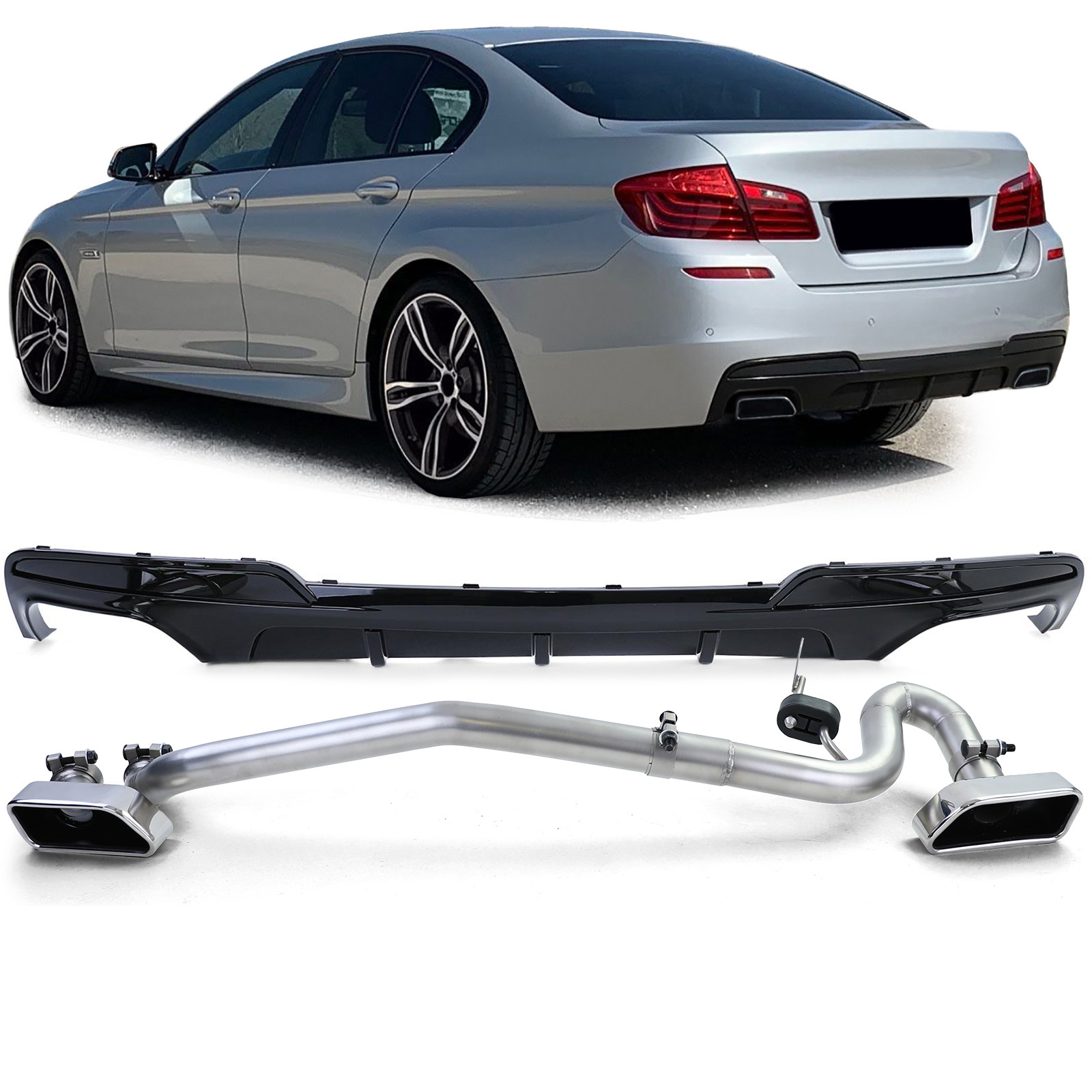 Achterdiffusor - BMW F10 F11 520 525 530 - Glanzend zwart - RVS V8-uitlaatpijpen