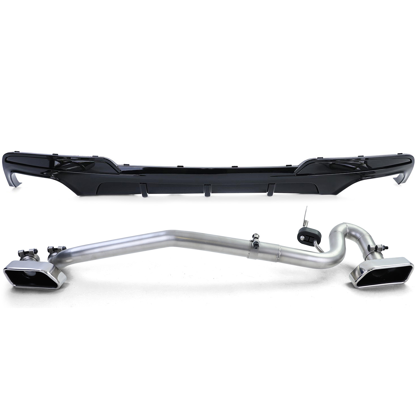 Achterdiffusor geschikt voor BMW F10 F11 520 525 530 - Glanzend zwart - RVS V8-uitlaatpijpen