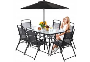 Gardenline - tuinset - met parasol - opklapbare stoelen - zwart