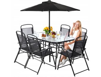 Gardenline - tuinset - met parasol - opklapbare stoelen - zwart