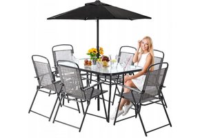 Gardenline - tuinset - met parasol - opklapbare stoelen - grijs
