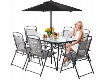 Gardenline - tuinset - met parasol - opklapbare stoelen - grijs